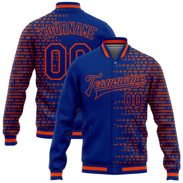 Custom Royal Orange Halftone 3D Pattern Design Bomber Full-Snap Varsity Letterman Jacket