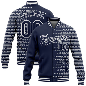 Custom Navy White Halftone 3D Pattern Design Bomber Full-Snap Varsity Letterman Jacket