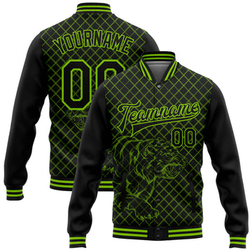 Custom Black Neon Green Check And Tiger 3D Pattern Design Bomber Full-Snap Varsity Letterman Jacket