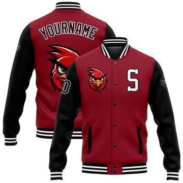 Custom Cardinal Black-White 3D Pattern Design Bomber Full-Snap Varsity Letterman Jacket