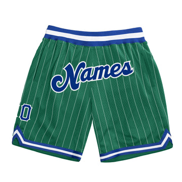 Custom Kelly Green White Pinstripe Royal-White Authentic Basketball Shorts