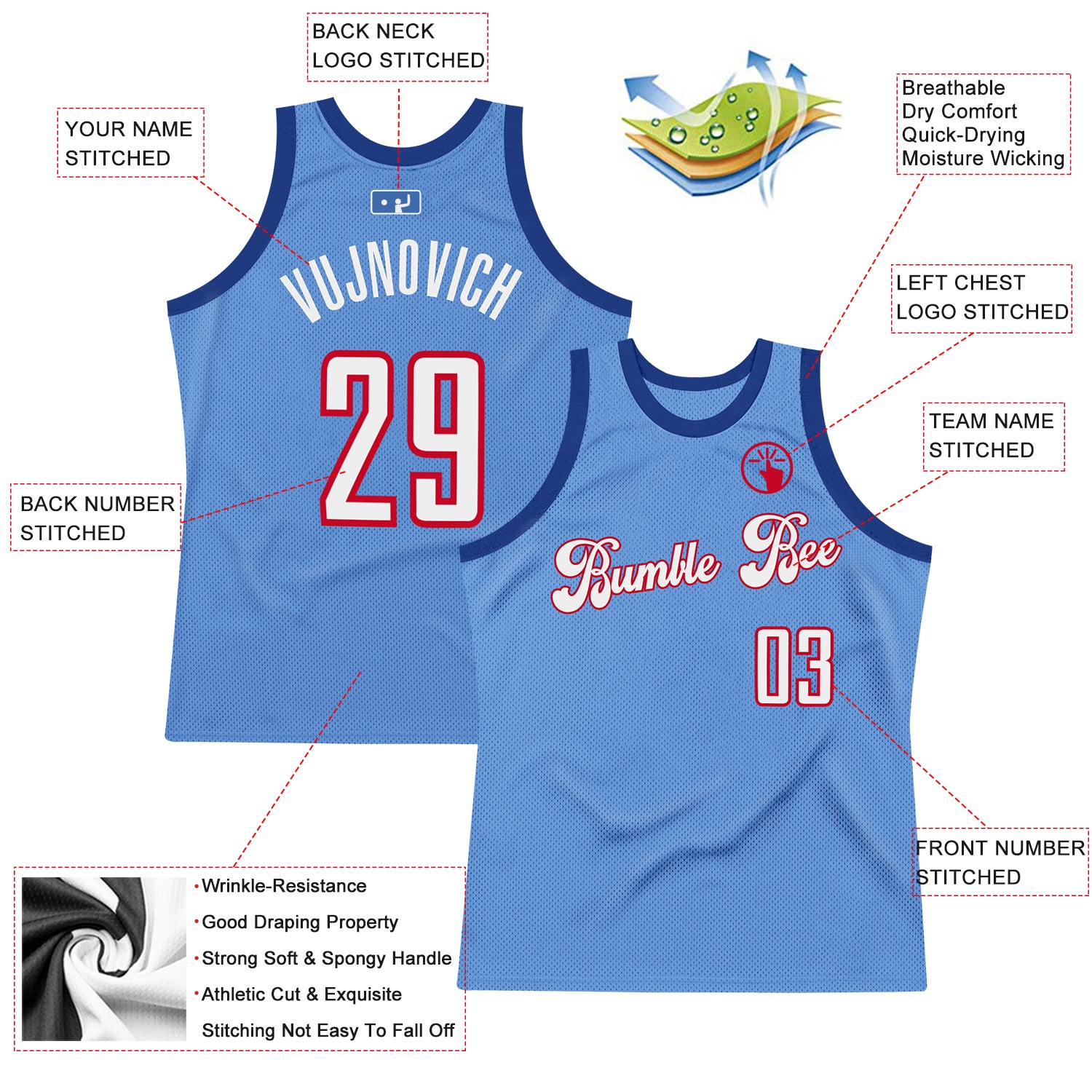 Custom Team White Basketball Light Blue Rib-Knit Jersey Red