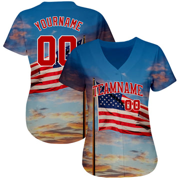 Custom Light Blue Red-White 3D American Flag Fashion Authentic Baseball Jersey