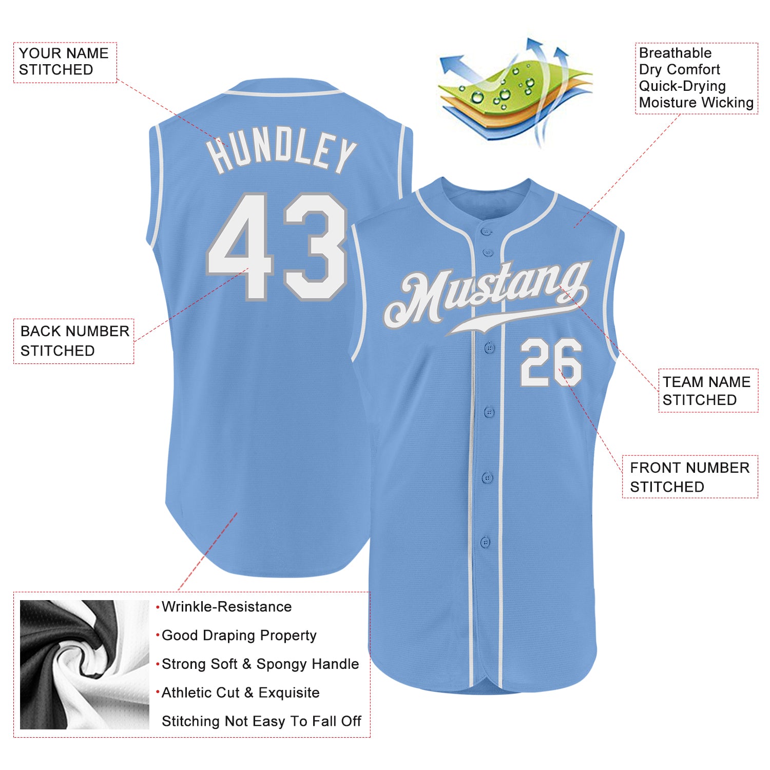 Custom Light Blue White-Gray Authentic Sleeveless Baseball Jersey Discount