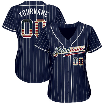 Custom Navy White Pinstripe Vintage USA Flag-White Authentic Baseball Jersey