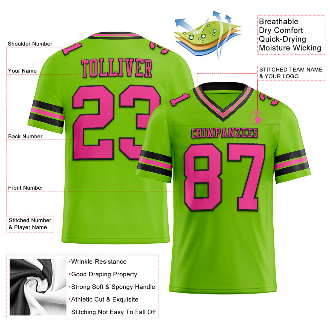 Custom Black Black-Neon Green Mesh Authentic Football Jersey Discount