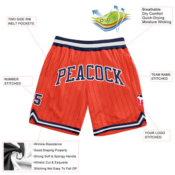 Custom Orange Navy Pinstripe Navy-White Authentic Basketball Shorts