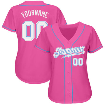 Custom Pink White-Light Blue Authentic Baseball Jersey