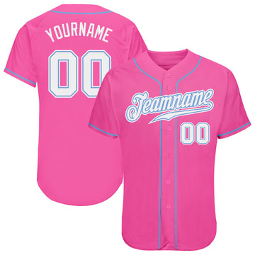 Custom Pink White-Light Blue Authentic Baseball Jersey