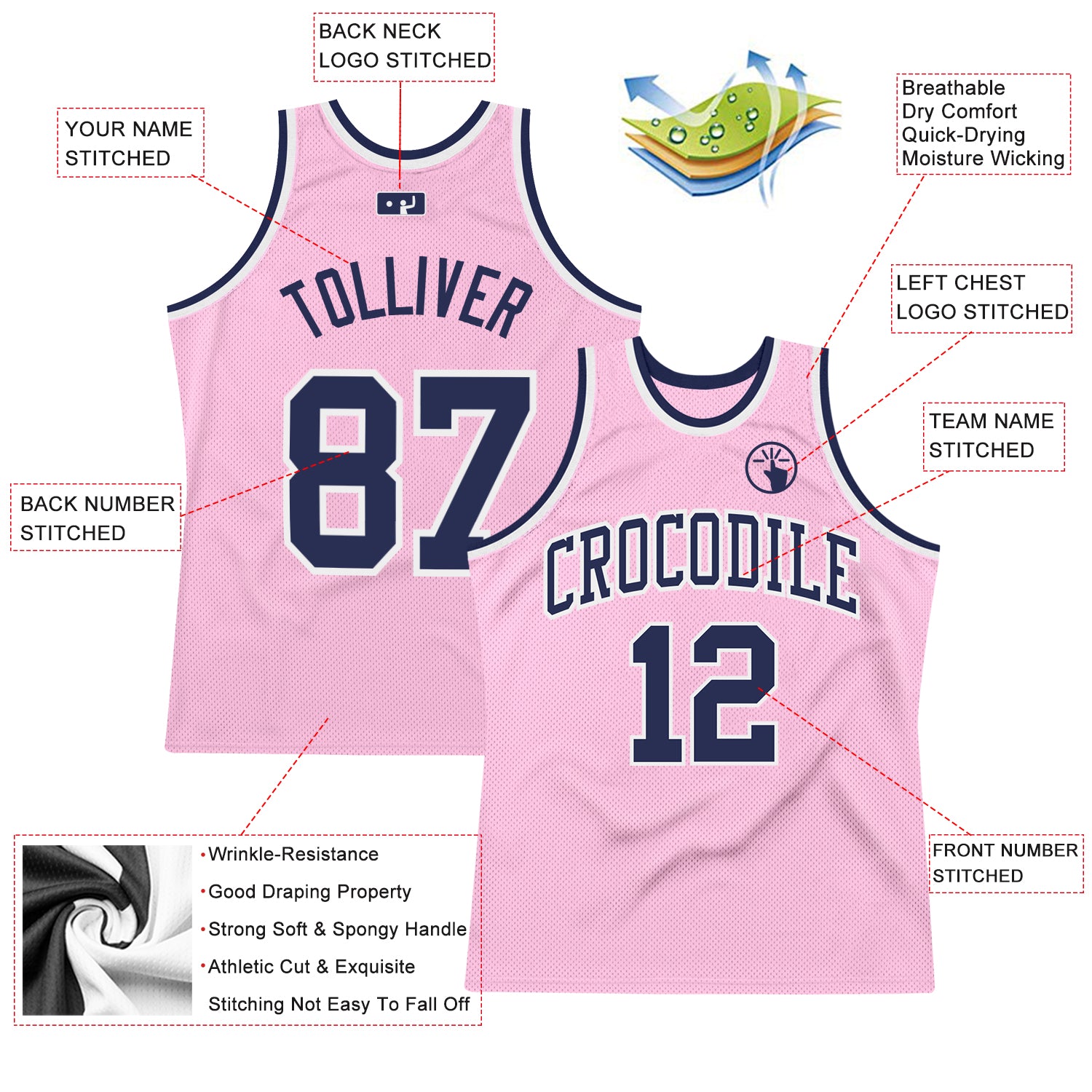Custom Light Pink Navy-White Authentic Throwback Basketball Jersey Discount