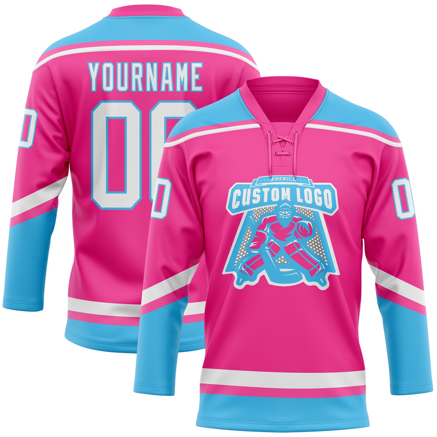 Custom Hockey Jersey Light Blue Pink-White