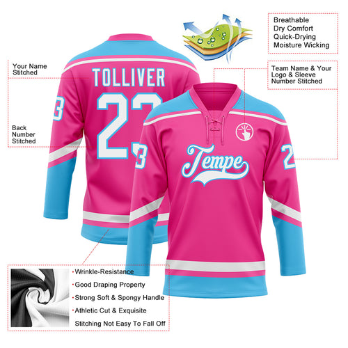 Custom Black Pink-Light Blue Hockey Lace Neck Jersey Fast Shipping