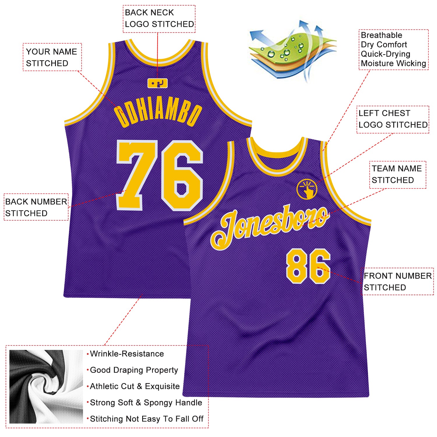 Custom Team White Basketball Purple Rib-Knit Jersey Gold