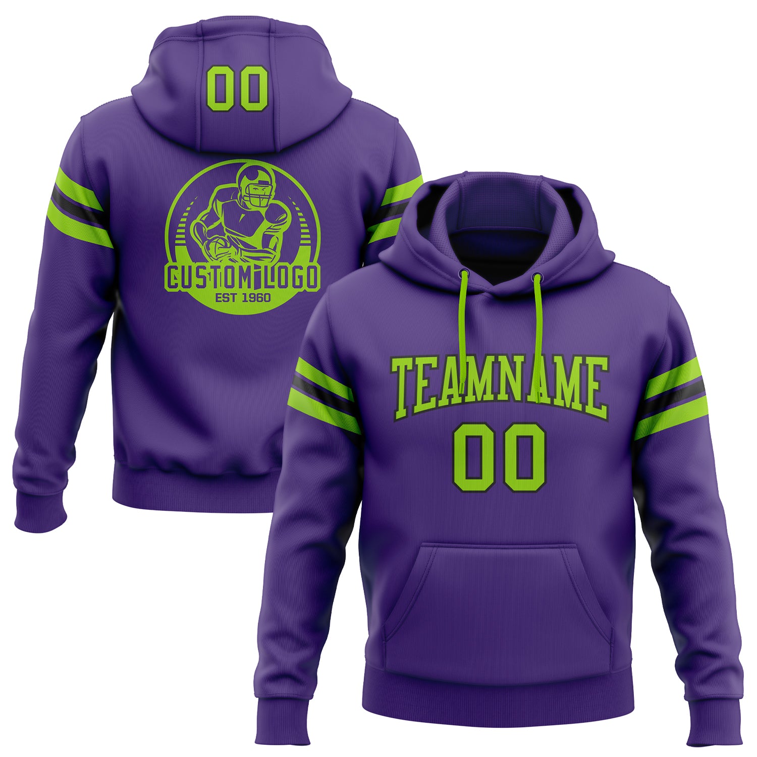 Custom Stitched Purple Neon Green Black Football Pullover Sweatshirt Hoodie Discount