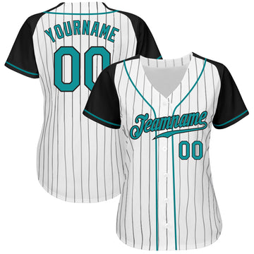 Custom White Black Pinstripe Aqua-Black Authentic Raglan Sleeves Baseball Jersey