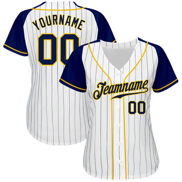 Custom White Navy Pinstripe Navy-Gold Authentic Raglan Sleeves Baseball Jersey