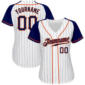 Custom White Navy Pinstripe Navy-Orange Authentic Raglan Sleeves Baseball Jersey