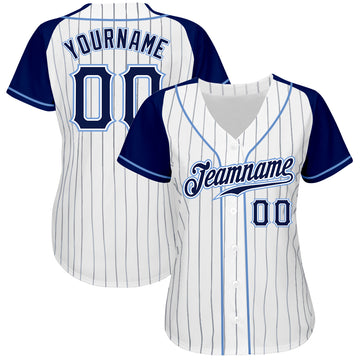 Custom White Navy Pinstripe Navy-Light Blue Authentic Raglan Sleeves Baseball Jersey