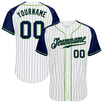 Custom White Navy Pinstripe Navy-Neon Green Authentic Raglan Sleeves Baseball Jersey