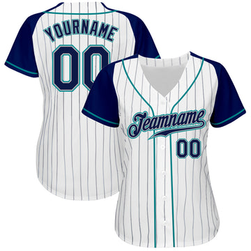 Custom White Navy Pinstripe Navy-Aqua Authentic Raglan Sleeves Baseball Jersey