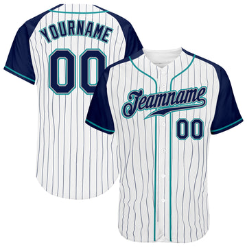 Custom White Navy Pinstripe Navy-Aqua Authentic Raglan Sleeves Baseball Jersey