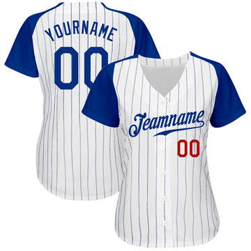 Custom White Royal Pinstripe Royal-Red Authentic Raglan Sleeves Baseball Jersey