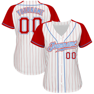 Custom White Red Pinstripe Red-Light Blue Authentic Raglan Sleeves Baseball Jersey