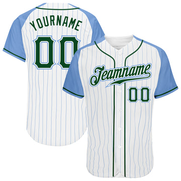 Custom White Light Blue Pinstripe Green-Light Blue Authentic Raglan Sleeves Baseball Jersey