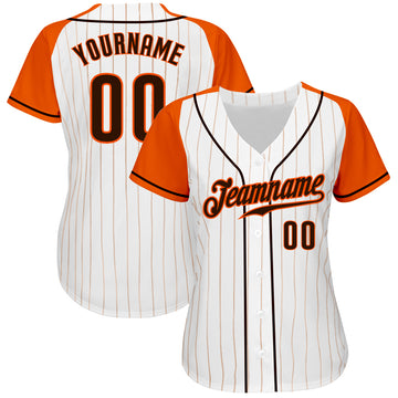 Custom White Orange Pinstripe Brown-Orange Authentic Raglan Sleeves Baseball Jersey