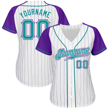 Custom White Purple Pinstripe Aqua-Purple Authentic Raglan Sleeves Baseball Jersey