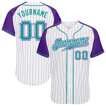 Custom White Purple Pinstripe Aqua-Purple Authentic Raglan Sleeves Baseball Jersey