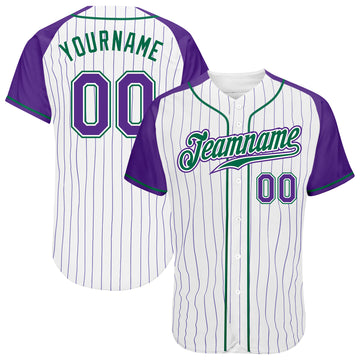 Custom White Purple Pinstripe Purple-Kelly Green Authentic Raglan Sleeves Baseball Jersey