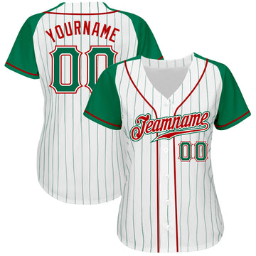 Custom White Kelly Green Pinstripe Kelly Green-Red Authentic Raglan Sleeves Baseball Jersey