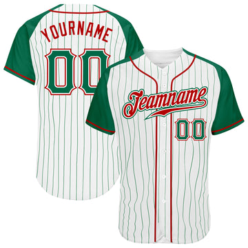 Custom White Kelly Green Pinstripe Kelly Green-Red Authentic Raglan Sleeves Baseball Jersey