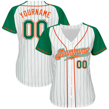 Custom White Kelly Green Pinstripe Kelly Green-Orange Authentic Raglan Sleeves Baseball Jersey