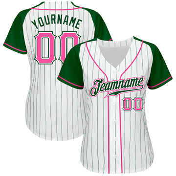 Custom White Green Pinstripe Pink-Green Authentic Raglan Sleeves Baseball Jersey