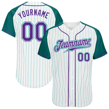 Custom White Aqua Pinstripe Purple-Aqua Authentic Raglan Sleeves Baseball Jersey