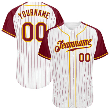 Custom White Crimson Pinstripe Crimson-Gold Authentic Raglan Sleeves Baseball Jersey