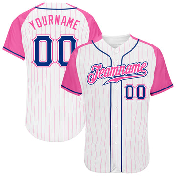 Custom White Pink Pinstripe Royal-Pink Authentic Raglan Sleeves Baseball Jersey