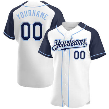 Custom White Navy-Light Blue Authentic Raglan Sleeves Baseball Jersey