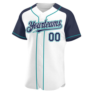 Custom White Navy-Teal Authentic Raglan Sleeves Baseball Jersey