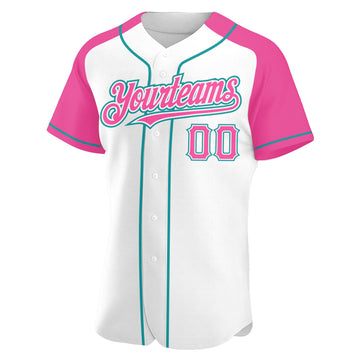 Custom White Pink-Teal Authentic Raglan Sleeves Baseball Jersey