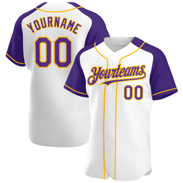 Custom White Purple-Gold Authentic Raglan Sleeves Baseball Jersey