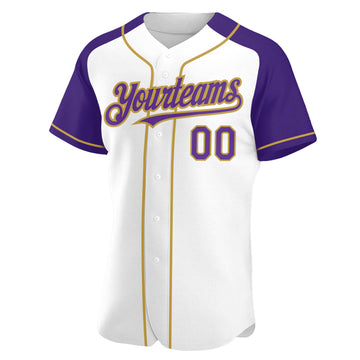 Custom White Purple-Old Gold Authentic Raglan Sleeves Baseball Jersey