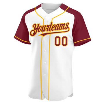 Custom White Crimson-Gold Authentic Raglan Sleeves Baseball Jersey