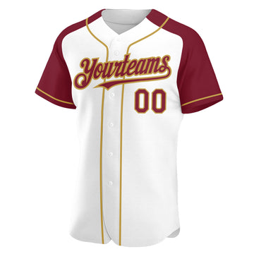 Custom White Crimson-Old Gold Authentic Raglan Sleeves Baseball Jersey