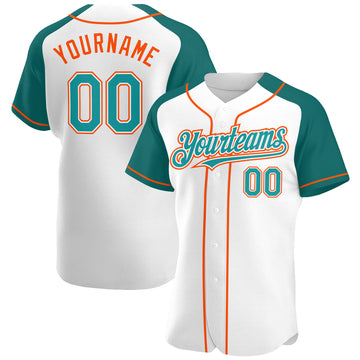 Custom White Teal-Orange Authentic Raglan Sleeves Baseball Jersey