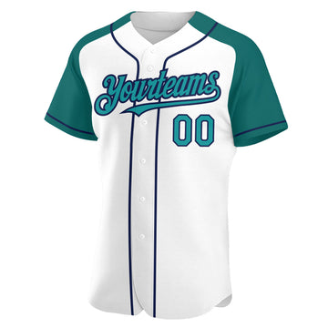 Custom White Teal-Navy Authentic Raglan Sleeves Baseball Jersey