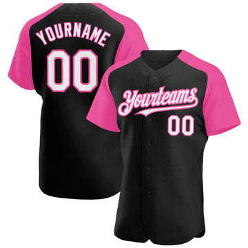 Custom Black White-Pink Authentic Raglan Sleeves Baseball Jersey