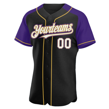 Custom Black White Purple-Old Gold Authentic Raglan Sleeves Baseball Jersey